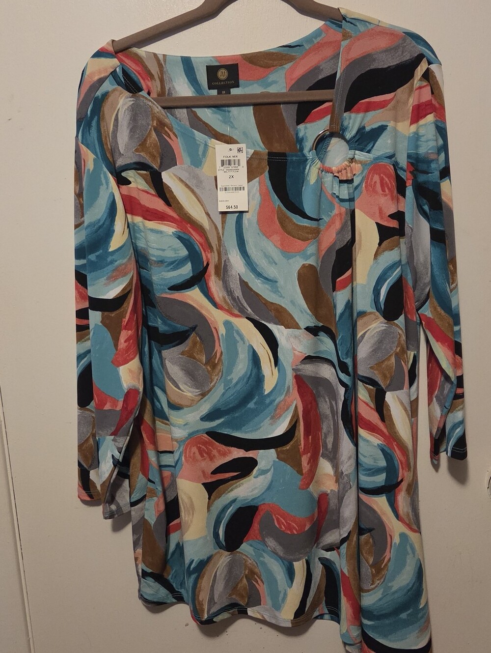JM Collection Multicolor Abstract Swirl Tunic — Blue, Coral, Tan, Black
